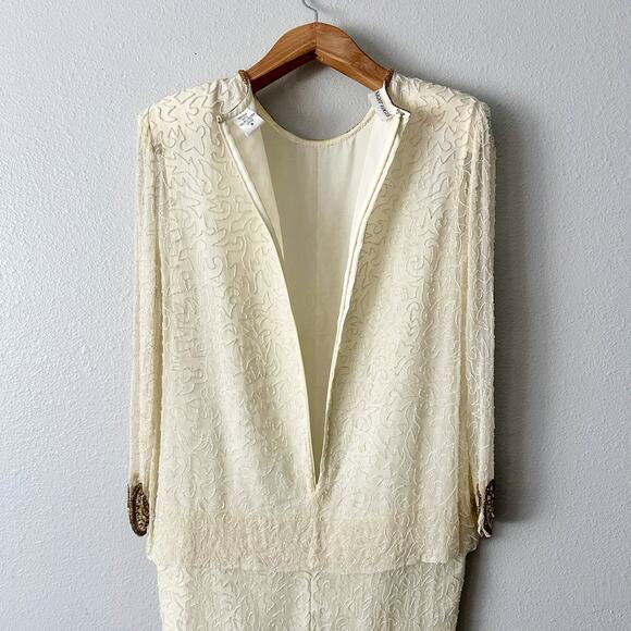 Vintage Night Vogue Cream Silk Beaded Gold Ornate Dress Women’s Size Medium - Picture 10 of 15